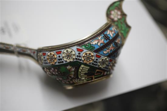 A good late 19th/early 20th century Russian 88 zolotnik and polychrome cloisonne enamel kovsh, master, Fyedor Ruchert, 1890-1917,